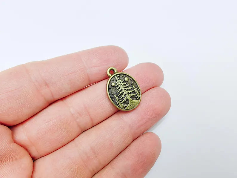Pine Tree Forest Stars Charms, Nature Pendant Boho Earring Charms, Dangle Pendant, Necklace Part, Antique Bronze Plated Zamac 23x16mm G36644
