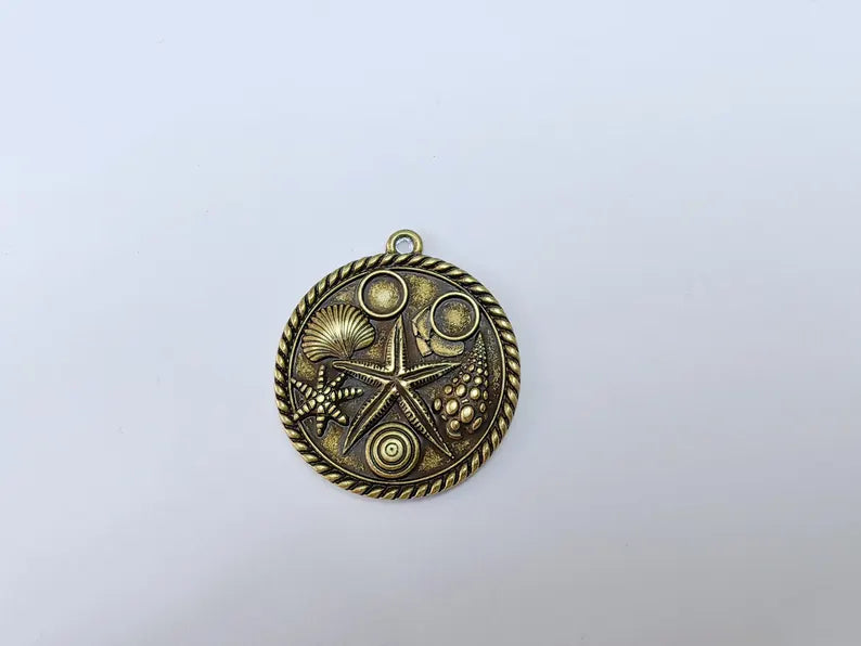 Ocean Medallion Pendant, Nautical Sea Life Charm, Beach Boho Earring Charms, Dangle Pendant, Antique Bronze Plated Zamac 42x37mm G36645