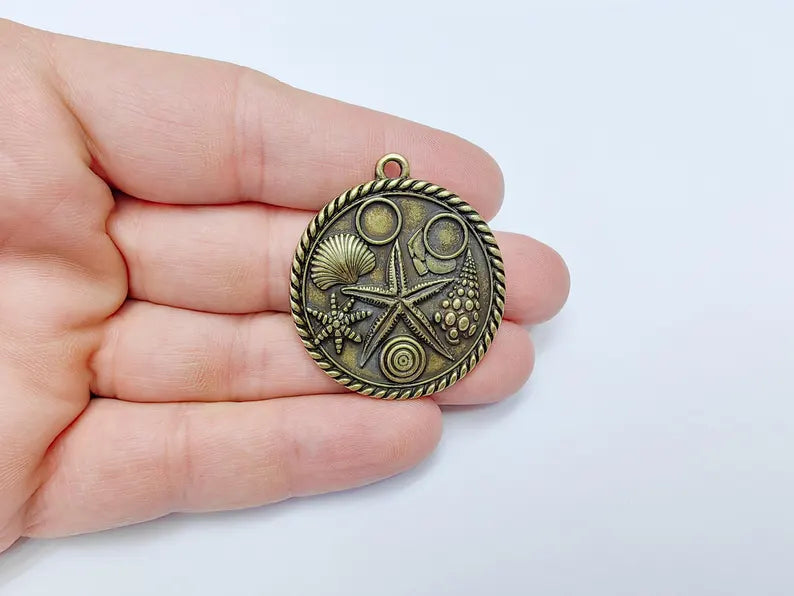 Ocean Medallion Pendant, Nautical Sea Life Charm, Beach Boho Earring Charms, Dangle Pendant, Antique Bronze Plated Zamac 42x37mm G36645