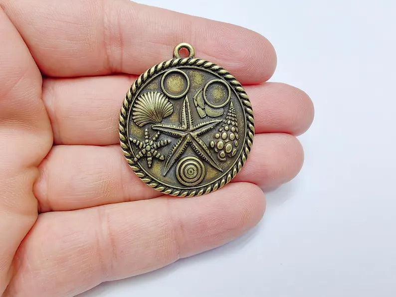 Ocean Medallion Pendant, Nautical Sea Life Charm, Beach Boho Earring Charms, Dangle Pendant, Antique Bronze Plated Zamac 42x37mm G36645