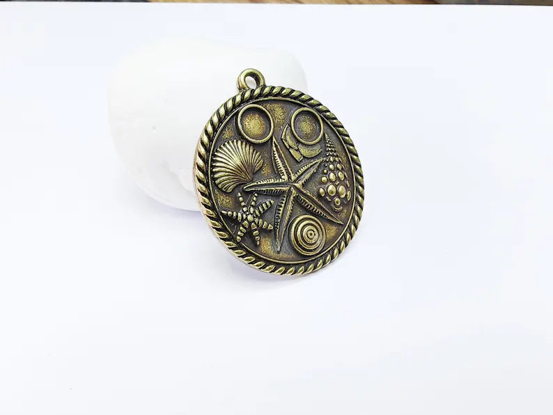 Ocean Medallion Pendant, Nautical Sea Life Charm, Beach Boho Earring Charms, Dangle Pendant, Antique Bronze Plated Zamac 42x37mm G36645