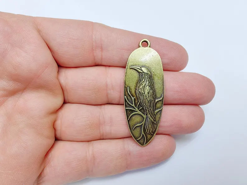 Raven Charm Pendant, Gothic Boho Charm, Nature Earring Charm, Mystical Bird, Necklace Parts, Antique Bronze Plated Zamac 53x20mm G36646