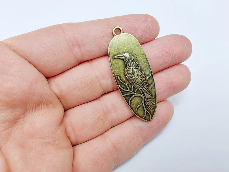 Raven Charm Pendant, Gothic Boho Charm, Nature Earring Charm, Mystical Bird, Necklace Parts, Antique Bronze Plated Zamac 53x20mm G36646