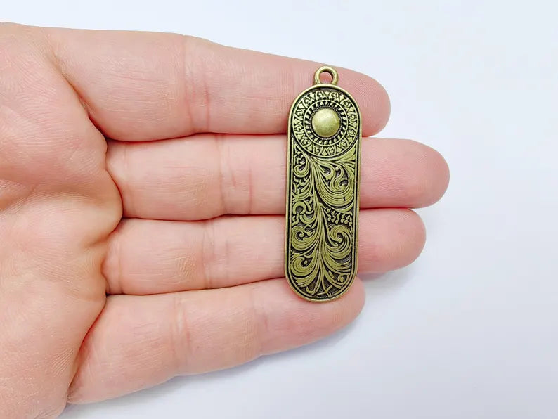 Elegant Scrollwork Pendant, Boho Charms, Earring Charms, Bronze Dangle Pendant, Necklace Parts, Antique Bronze Plated 53x17mm G36647