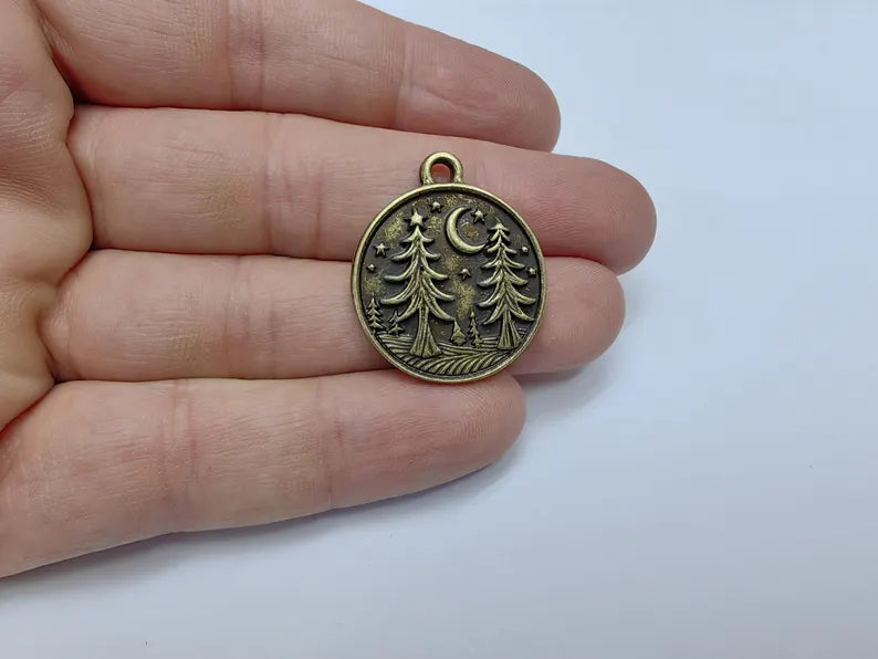 Pine Tree Forest Crescent Charms, Nature Pendant, Boho Earring Charm, Dangle Pendant, Necklace Part, Antique Bronze Plated 30x26mm G36649