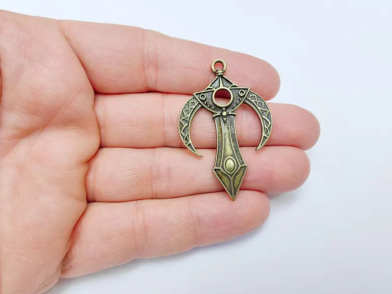 Mystical Bohemian Pendant, Mythology Crescent Charm, Tuareg Charm, Earring Charm, Gothic Pendant, Antique Bronze Plated Zamac 48x31mm G36650