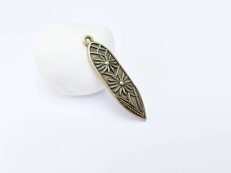 Bohemian Abstract Stars Charm Pendant, Flower Earring Charms, Dangle Pendant, Necklace Parts, Antique Bronze Plated Zamac 53x14mm G36651