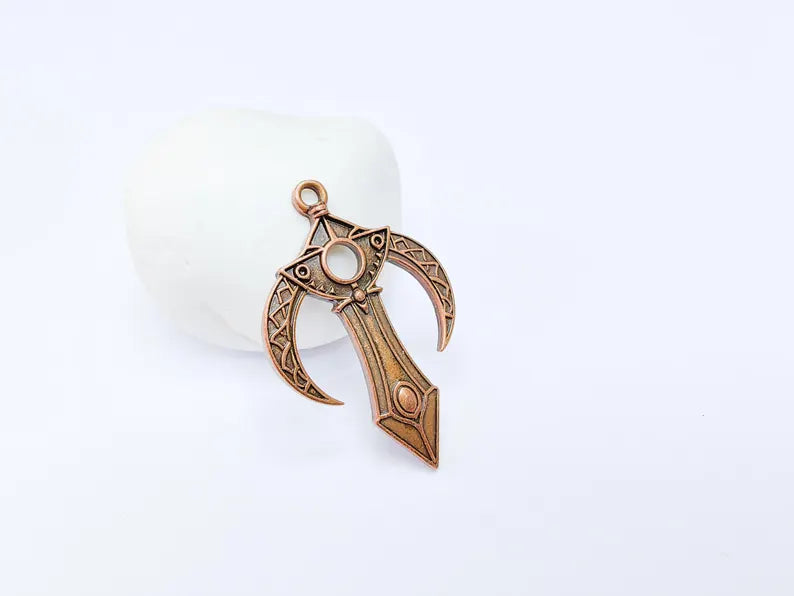 Mystical Bohemian Pendant, Mythology Crescent Charm, Tuareg Charm, Earring Charm, Gothic Pendant, Antique Copper Plated Zamac 48x31mm G36652