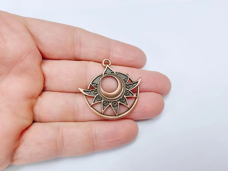 Bohemian Celestial Charm, Tuareg Charm, Sun and Moon Pendant, Gothic Pendant, Earring Charm, Antique Copper Plated Zamac 38x36mm G36653