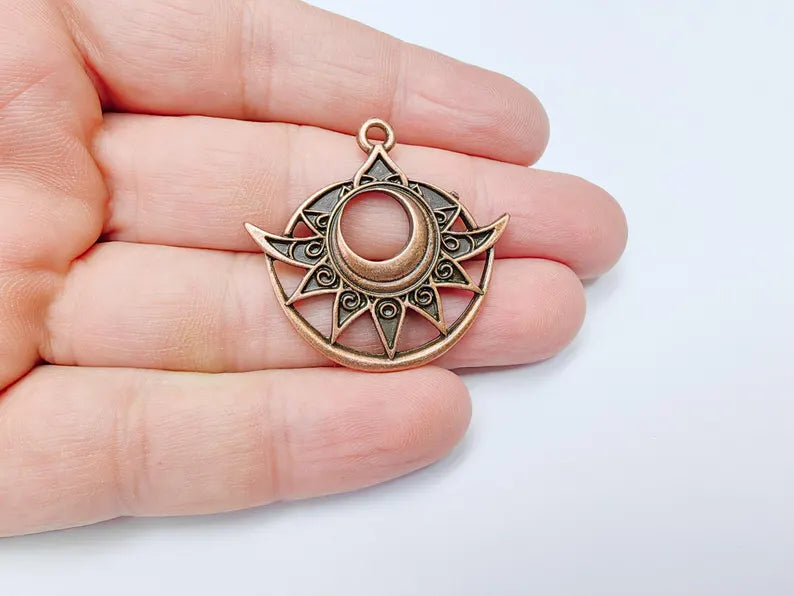 Bohemian Celestial Charm, Tuareg Charm, Sun and Moon Pendant, Gothic Pendant, Earring Charm, Antique Copper Plated Zamac 38x36mm G36653