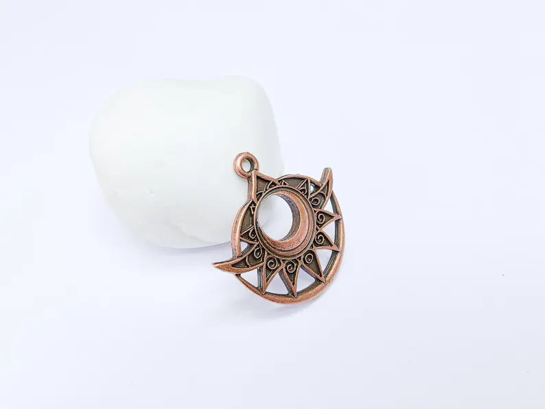 Bohemian Celestial Charm, Tuareg Charm, Sun and Moon Pendant, Gothic Pendant, Earring Charm, Antique Copper Plated Zamac 38x36mm G36653