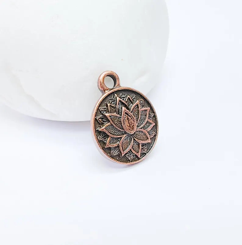 Lotus Flower Charms, Boho Charms, Earring Charms, Copper Dangle Pendant, Necklace Parts, Antique Copper Plated 19x15mm G36656