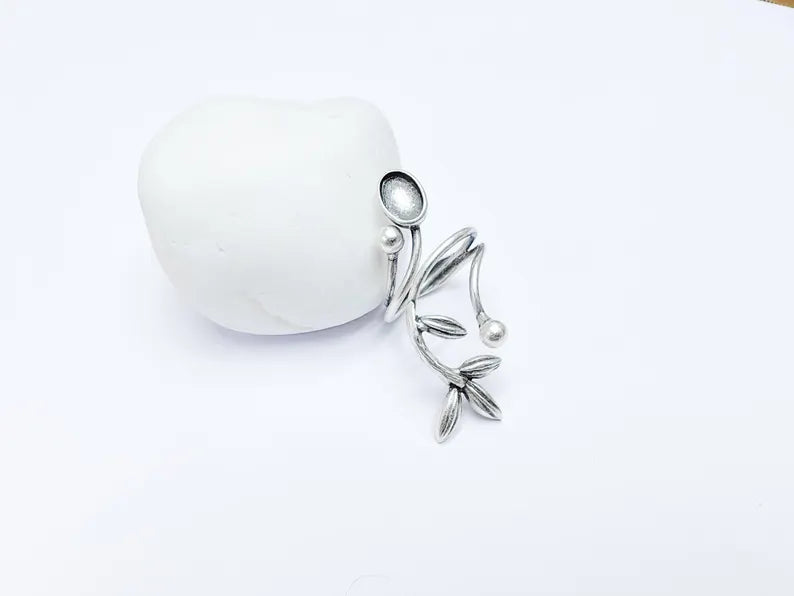 Floral Vine Ring Setting, Leaf Cabochon Blank, Resin Bezel, Mounting Epoxy Frame Base Adjustable Antique Silver Plated Brass 9x6mm G36786