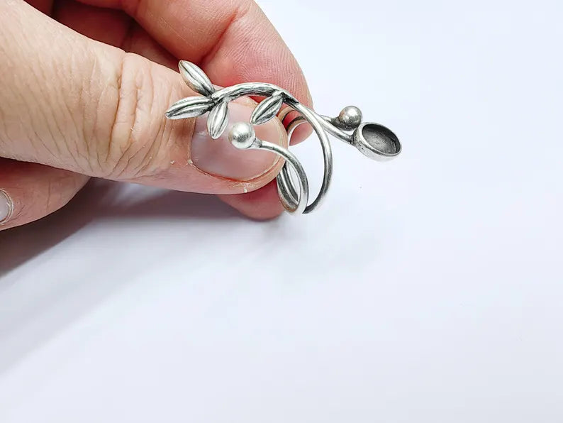 Floral Vine Ring Setting, Leaf Cabochon Blank, Resin Bezel, Mounting Epoxy Frame Base Adjustable Antique Silver Plated Brass 9x6mm G36786