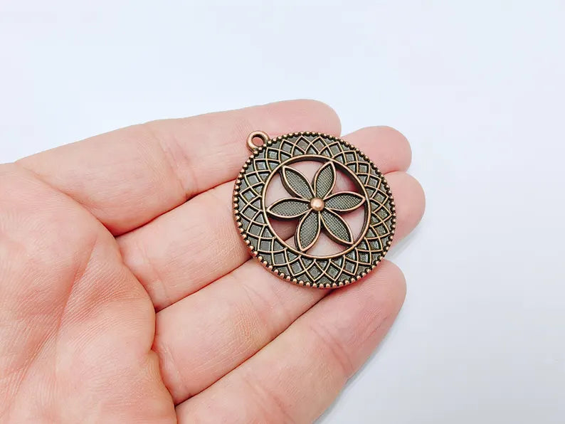 Flower Pendant Charm, Bohemian Flower Pendant, Locket Pendant, Earring Charms, Antique Copper Plated 43x38mm G36662