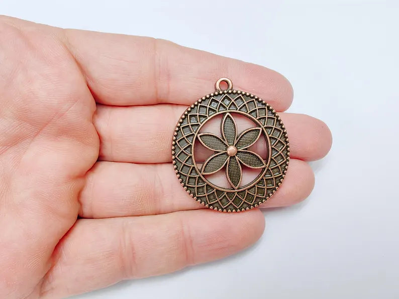 Flower Pendant Charm, Bohemian Flower Pendant, Locket Pendant, Earring Charms, Antique Copper Plated 43x38mm G36662