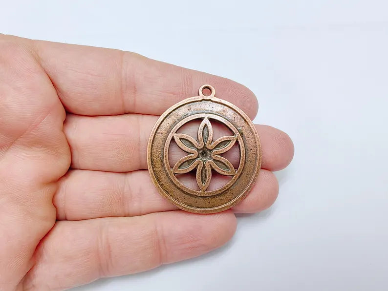 Flower Pendant Charm, Bohemian Flower Pendant, Locket Pendant, Earring Charms, Antique Copper Plated 43x38mm G36662