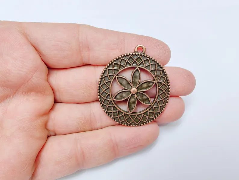 Flower Pendant Charm, Bohemian Flower Pendant, Locket Pendant, Earring Charms, Antique Copper Plated 43x38mm G36662
