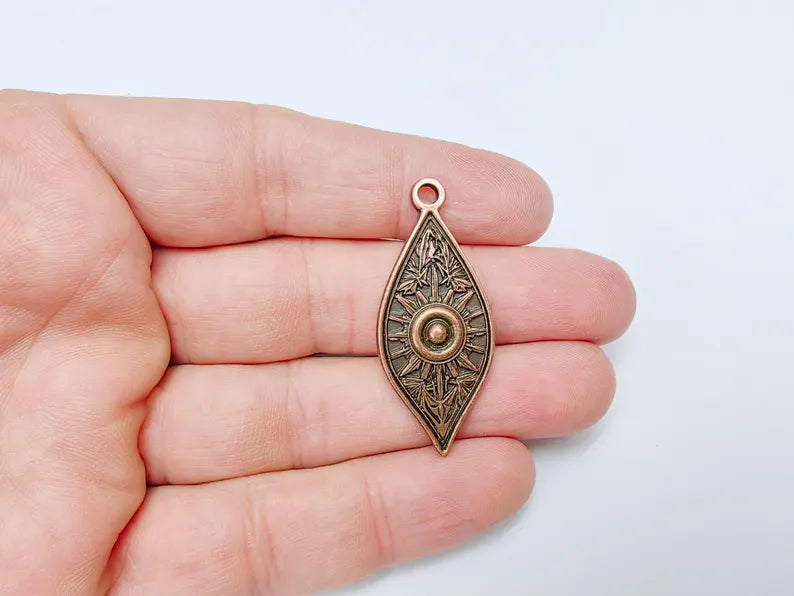 Sunburst Charms, Sun Bohemian Pendant, Boho Charm, Earring Charms, Ornate Dangle Pendant, Antique Copper Plated 43x18mm G36663