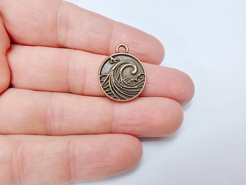 Ocean Wave Charm Pendant, Nautical Sea Life Charm, Beach Boho Earring Charms, Dangle Pendant, Antique Copper Plated Zamac 24x20mm G36664