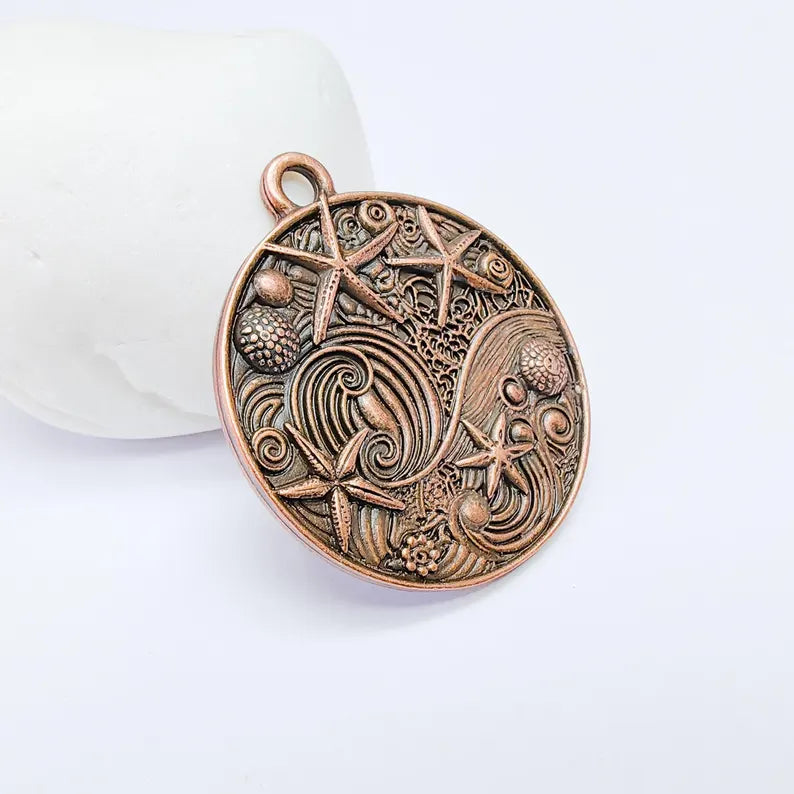 Ocean Dream Pendant, Nautical Sea Life Charm, Beach Boho Earring Charms, Dangle Pendant, Antique Copper Plated Zamac 39x34mm G36665