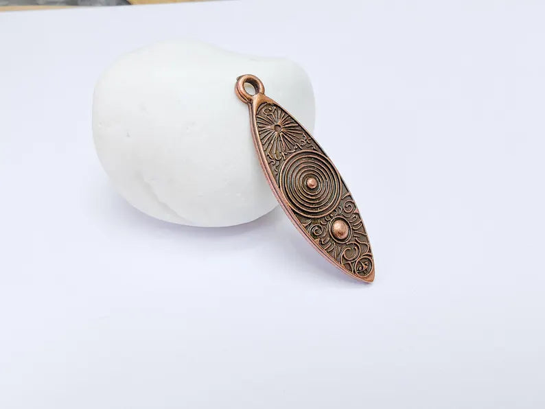 Vintage Sunburst and Spiral Pendant, Boho Tribal Statement Charm, Ethnic Boho Dangle Earring, Antique Copper Plated 45x14mm G36666