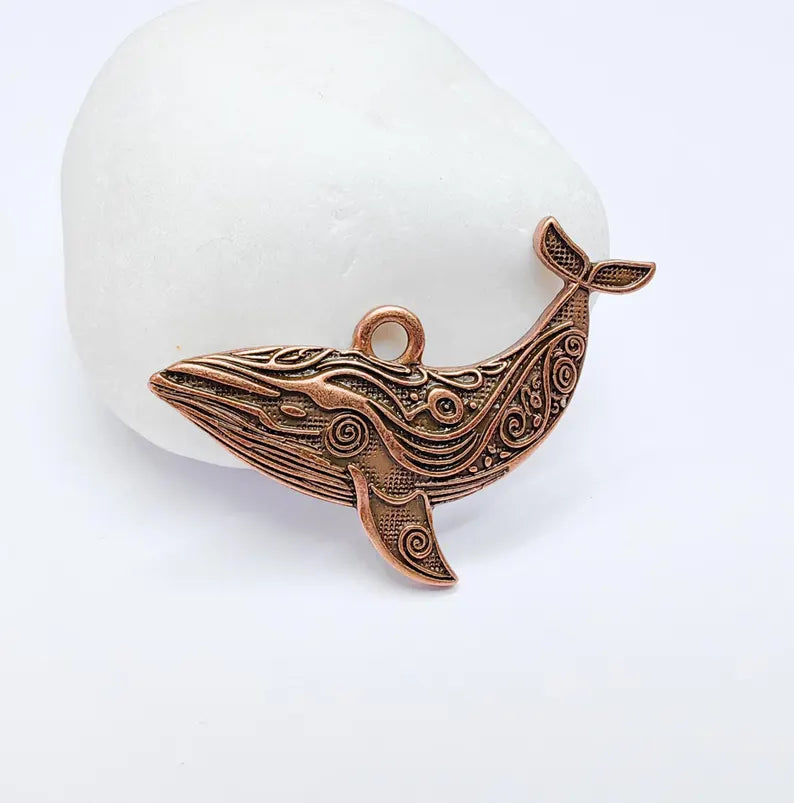 Whale Charm, Whale Pendant, Nautical Boho Charm, Earring Charms, Ocean Dangle Pendant, Mystic Whale, Antique Copper Plated 40x24mm G36667