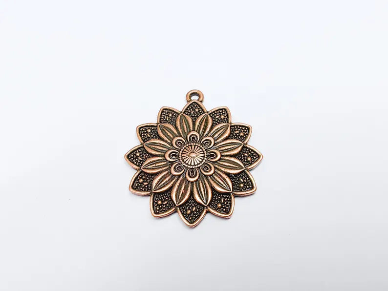 Flower Pendant Charm, Bohemian Flower Pendant, Locket Pendant, Earring Charms, Antique Copper Plated 43x38mm G36668