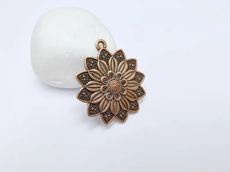 Flower Pendant Charm, Bohemian Flower Pendant, Locket Pendant, Earring Charms, Antique Copper Plated 43x38mm G36668