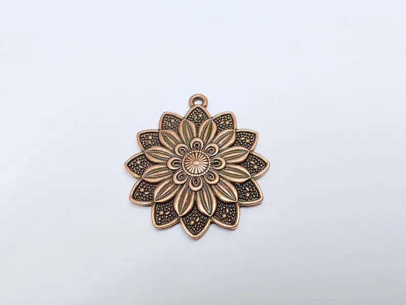 Flower Pendant Charm, Bohemian Flower Pendant, Locket Pendant, Earring Charms, Antique Copper Plated 43x38mm G36668