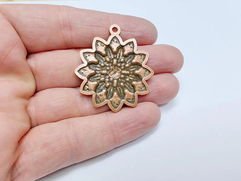 Flower Pendant Charm, Bohemian Flower Pendant, Locket Pendant, Earring Charms, Antique Copper Plated 43x38mm G36668