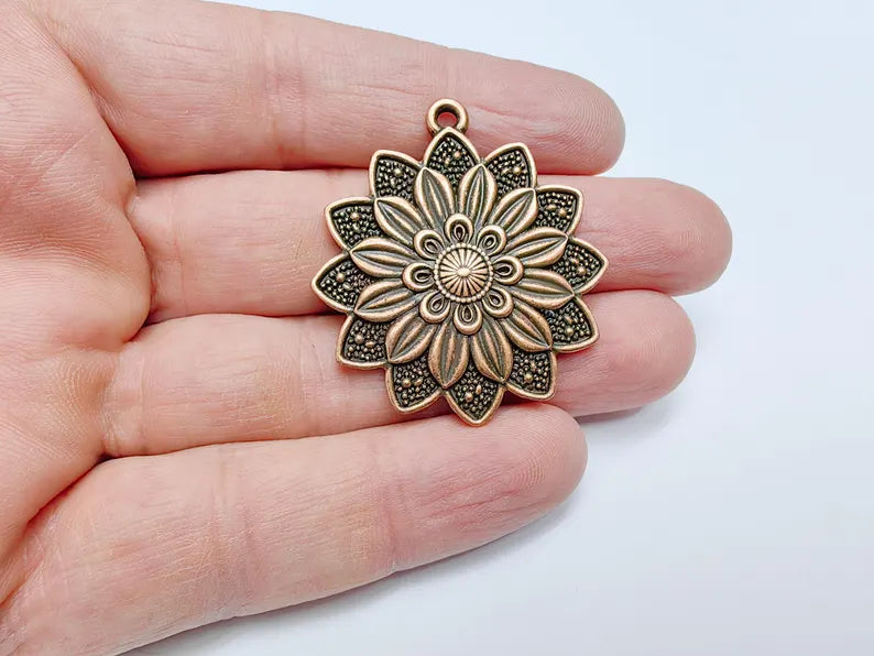 Flower Pendant Charm, Bohemian Flower Pendant, Locket Pendant, Earring Charms, Antique Copper Plated 43x38mm G36668