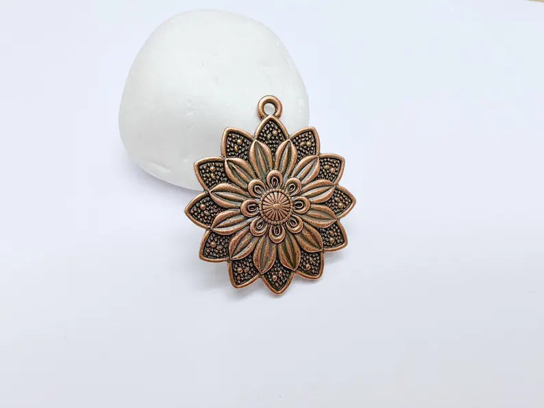 Flower Pendant Charm, Bohemian Flower Pendant, Locket Pendant, Earring Charms, Antique Copper Plated 43x38mm G36668