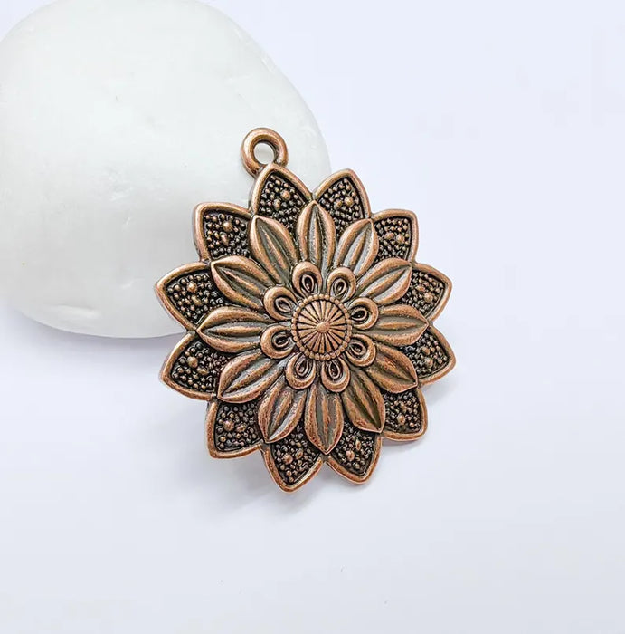 Flower Pendant Charm, Bohemian Flower Pendant, Locket Pendant, Earring Charms, Antique Copper Plated 43x38mm G36668