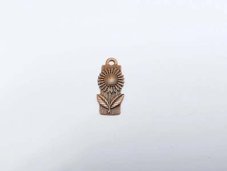 2 Flower Charms, Floral Pendant, Herb Earring Charms, Sunflower Dangle Pendant, Necklace Part, Antique Copper Plated 28x12mm G36669