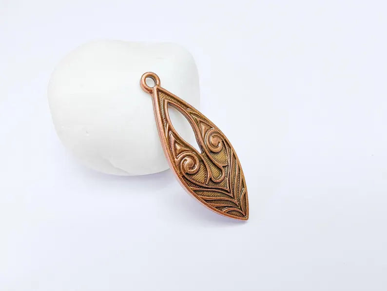 Elegant Scrollwork Pendant, Boho Charms, Earring Charms, Copper Dangle Pendant, Necklace Parts, Antique Copper Plated 51x20mm G36670