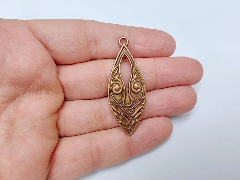 Elegant Scrollwork Pendant, Boho Charms, Earring Charms, Copper Dangle Pendant, Necklace Parts, Antique Copper Plated 51x20mm G36670