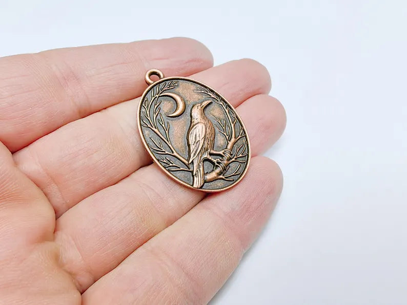 Raven and Moon Charm Pendant, Gothic Boho Charm, Nature Earring Charm, Mystical Bird, Necklace Parts, Antique Copper Plated 40x28mm G36671