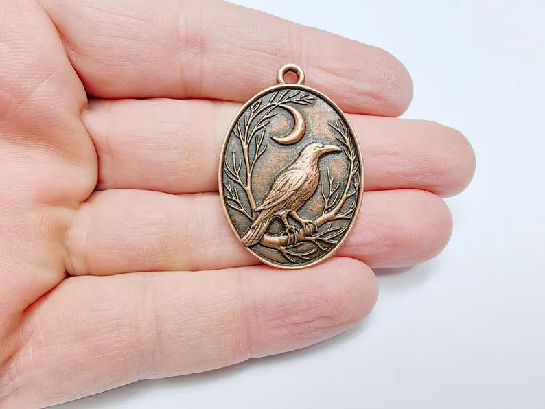 Raven and Moon Charm Pendant, Gothic Boho Charm, Nature Earring Charm, Mystical Bird, Necklace Parts, Antique Copper Plated 40x28mm G36671