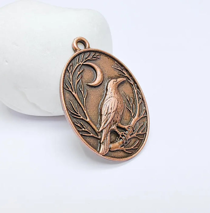 Raven and Moon Charm Pendant, Gothic Boho Charm, Nature Earring Charm, Mystical Bird, Necklace Parts, Antique Copper Plated 40x28mm G36671