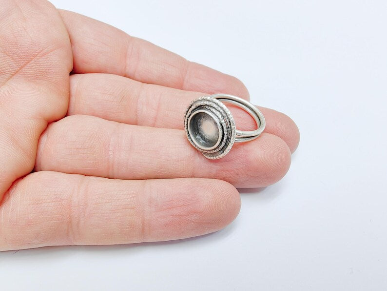 Silver Ring Setting, Cabochon Blank, Resin Bezel, Round Ring Mounting, Epoxy Frame Base, Adjustable Antique Silver Plated Brass 10mm G36673