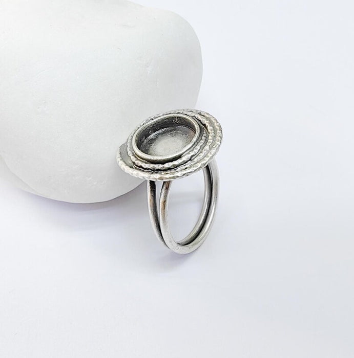 Silver Ring Setting, Cabochon Blank, Resin Bezel, Round Ring Mounting, Epoxy Frame Base, Adjustable Antique Silver Plated Brass 10mm G36673