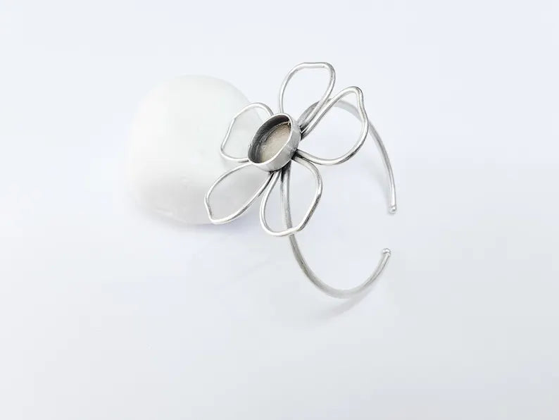 Flower Bracelet Blank Resin Cuff Dry Bezel Glass Cabochon Base Adjustable Antique Silver Plated Brass (10mm Blanks) G36686