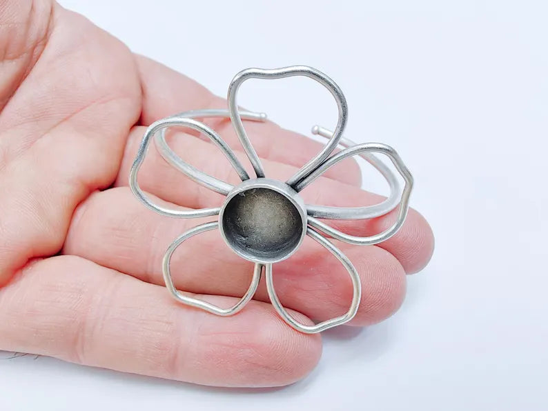 Flower Bracelet Blank Resin Cuff Dry Bezel Glass Cabochon Base Adjustable Antique Silver Plated Brass (10mm Blanks) G36676
