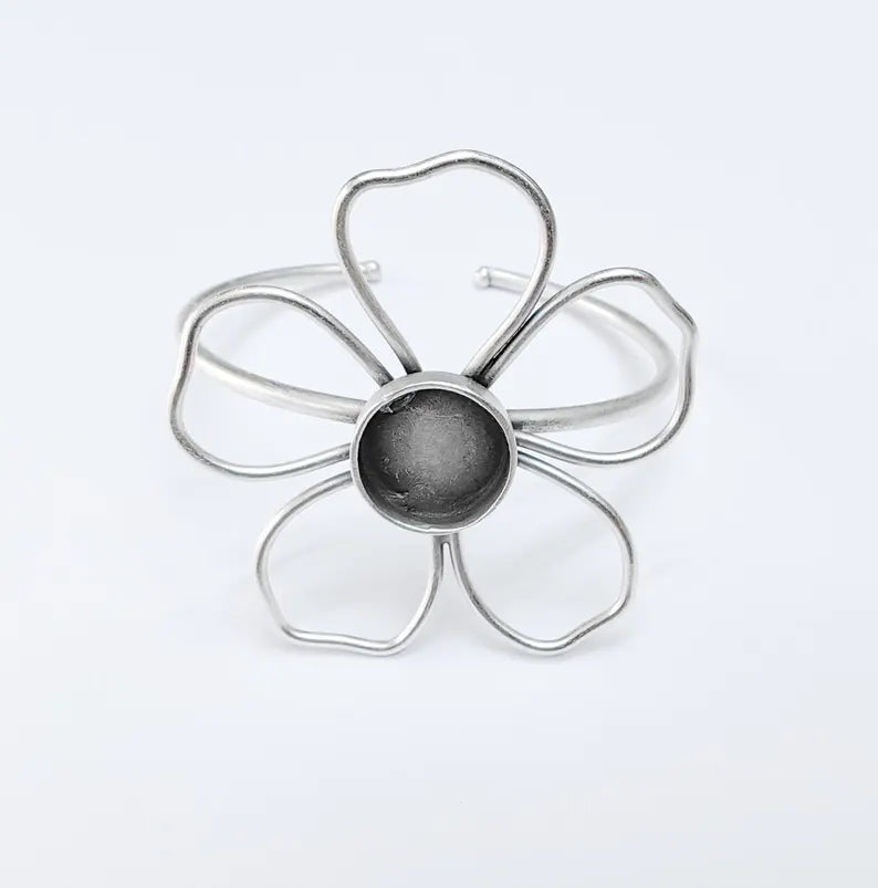 Flower Bracelet Blank Resin Cuff Dry Bezel Glass Cabochon Base Adjustable Antique Silver Plated Brass (10mm Blanks) G36676