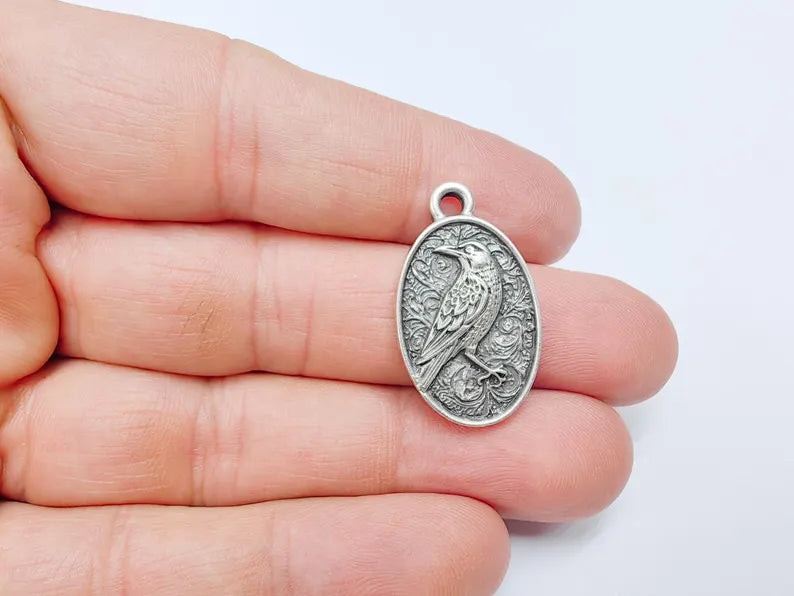 Raven Charm Pendant, Gothic Boho Charm, Nature Earring Charm, Mystical Bird, Necklace Parts, Antique Silver Plated 29x17mm G36682