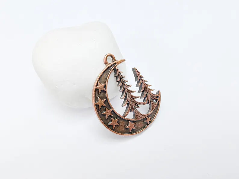 Moon Star and Pine Tree Pendant, Boho Charm, Earring Charm, Dangle Pendant, Necklace Parts, Antique Copper Plated Zamac 40x30mm G36685