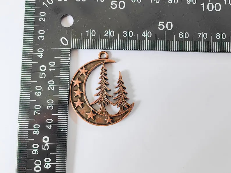 Moon Star and Pine Tree Pendant, Boho Charm, Earring Charm, Dangle Pendant, Necklace Parts, Antique Copper Plated Zamac 40x30mm G36685