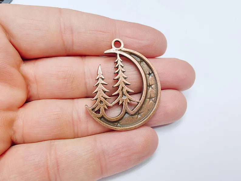 Moon Star and Pine Tree Pendant, Boho Charm, Earring Charm, Dangle Pendant, Necklace Parts, Antique Copper Plated Zamac 40x30mm G36685