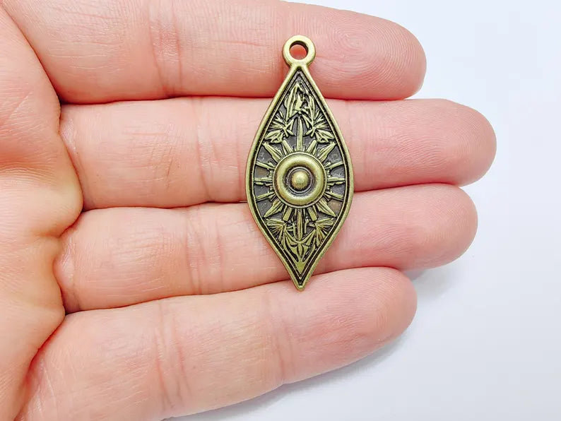 Sunburst Charms, Sun Bohemian Pendant, Boho Charm, Earring Charms, Ornate Dangle Pendant, Antique Bronze Plated 43x18mm G36687